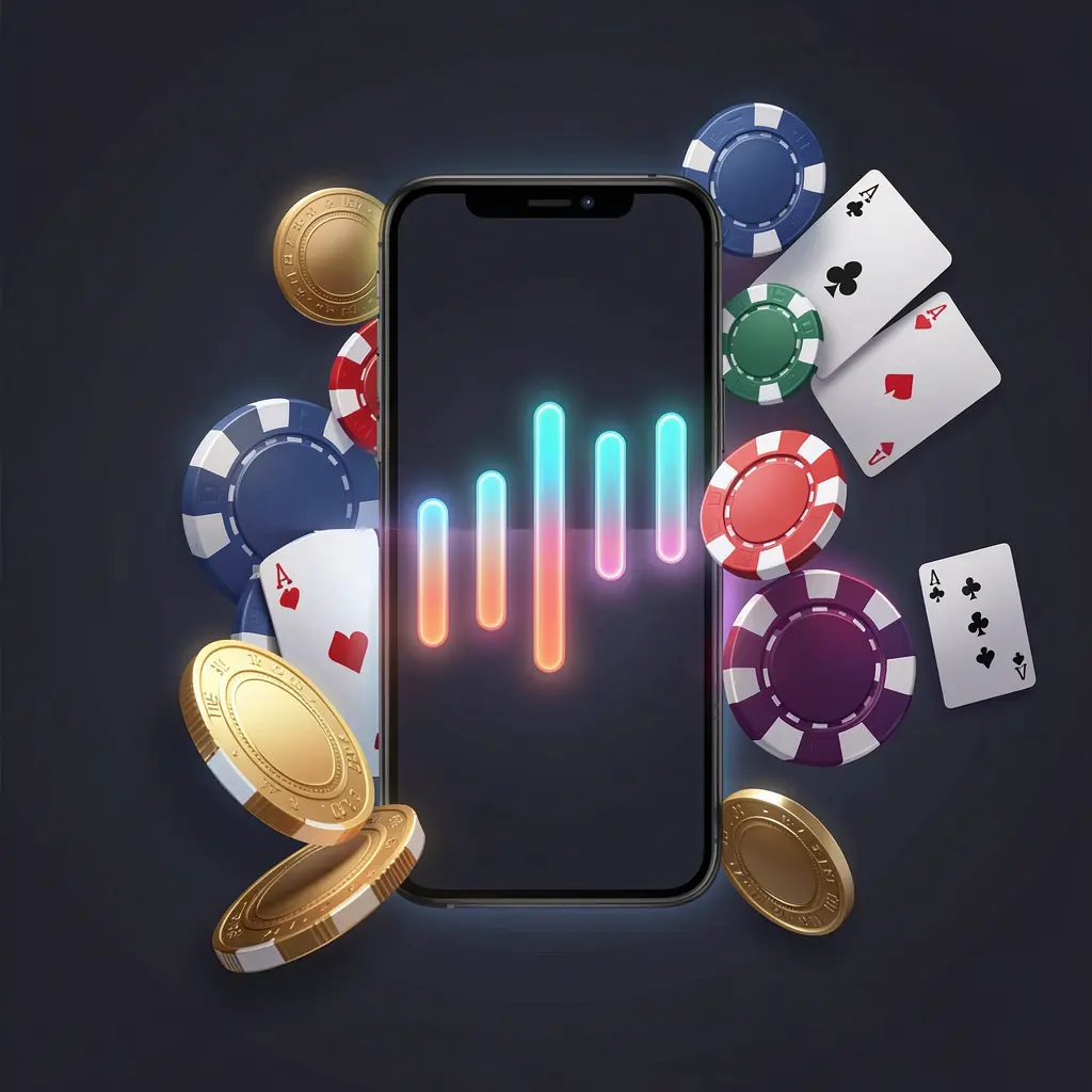 KL777 casino app installation screen on a smartphone with a glowing progress bar, surrounded by coins, chips, and playing cards on a dark background