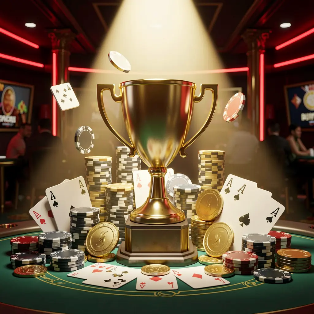 KL777 casino tournament bonus concept featuring a golden trophy surrounded by poker chips, playing cards, and coins under a bright spotlight with a dark background accented by red and gold neon lights in a cinematic 3D render