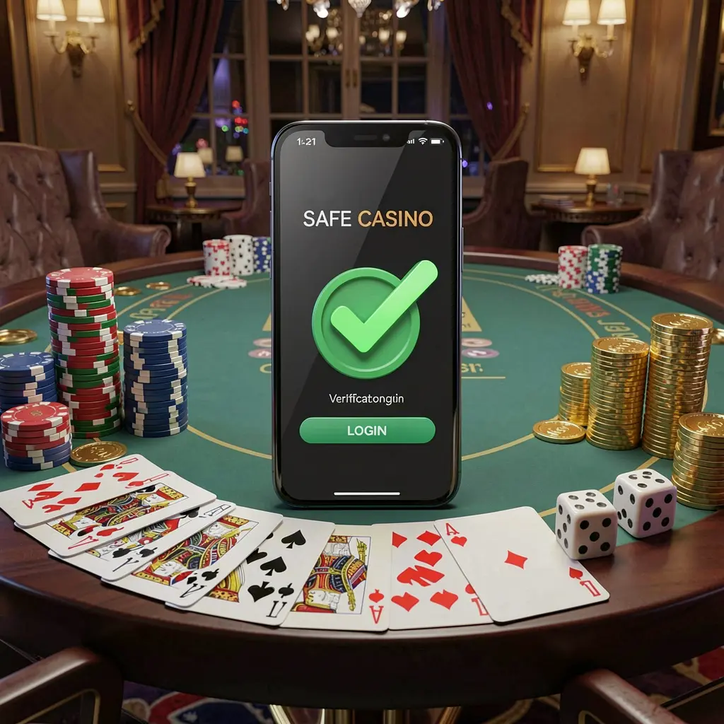 KL777 safe casino login concept showing a smartphone with verification checkmark icon surrounded by chips, cards, dice, and golden coins on an elegant luxury casino table in a 3D realistic render