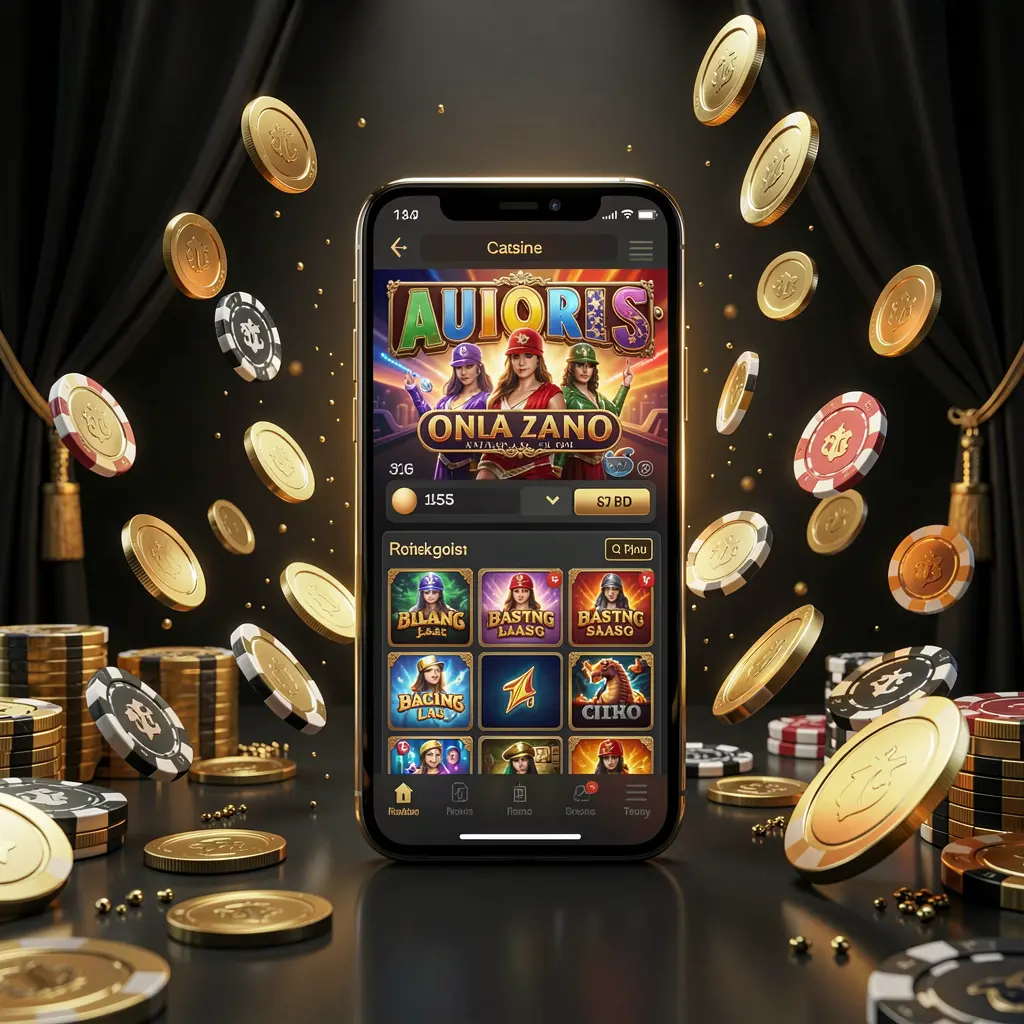KL777 modern online casino main page visual featuring a smartphone with a glowing gaming interface, surrounded by flying coins and chips in a black and gold luxury atmosphere